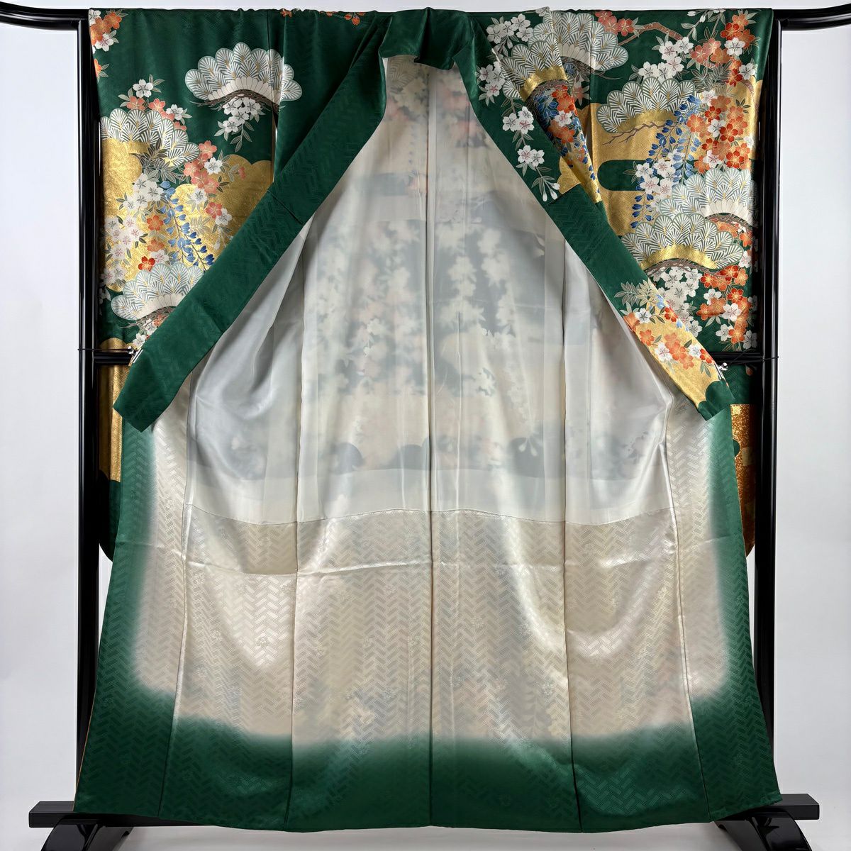 振袖禮服 身長159.5cm 袖長65.5cm M 雙層 吾妻德穗 落款あり 樱花 雲紋 金絲 金銀彩 綠 純蠶絲 名品級