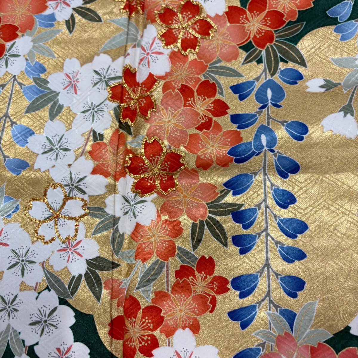 振袖禮服 身長159.5cm 袖長65.5cm M 雙層 吾妻德穗 落款あり 樱花 雲紋 金絲 金銀彩 綠 純蠶絲 名品級