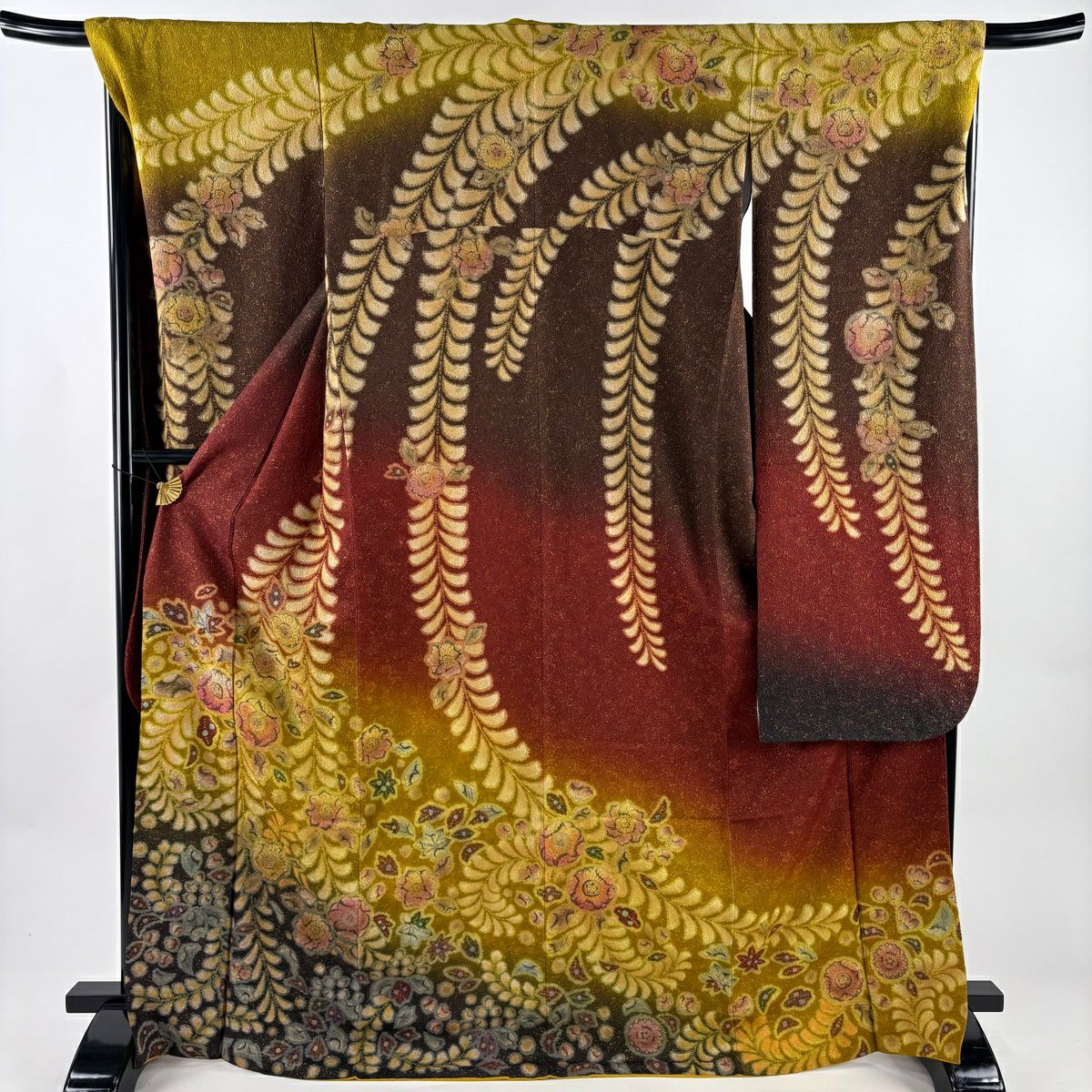 【美品】振袖禮服 身長169.5cm 袖長69cm L 雙層 辻花染 金銀彩 紅茶 純蠶絲 名品級
