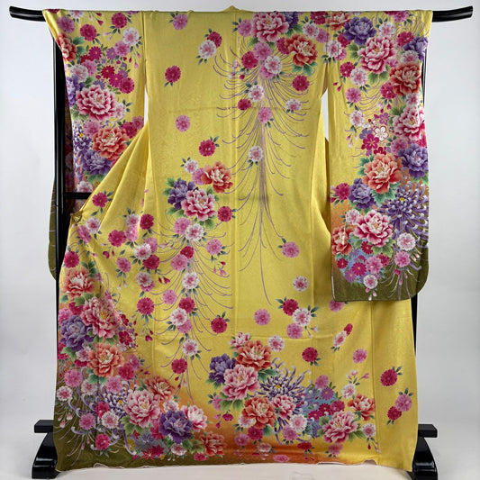 【美品】振袖禮服 身長175cm 袖長69cm L 雙層 牡丹 櫻花 銀通 金銀彩 黃色 純蠶絲 名品級