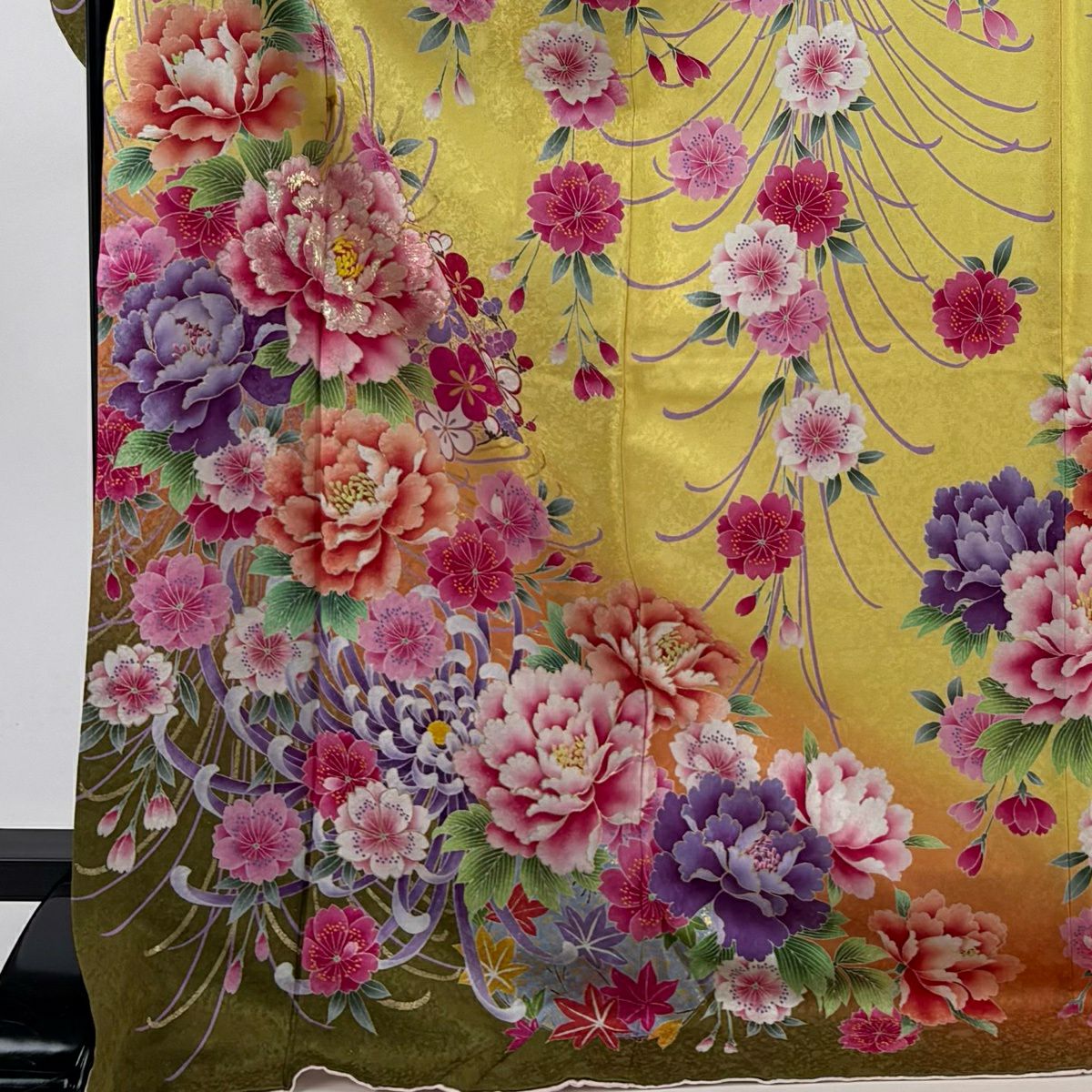 【美品】振袖禮服 身長175cm 袖長69cm L 雙層 牡丹 櫻花 銀通 金銀彩 黃色 純蠶絲 名品級
