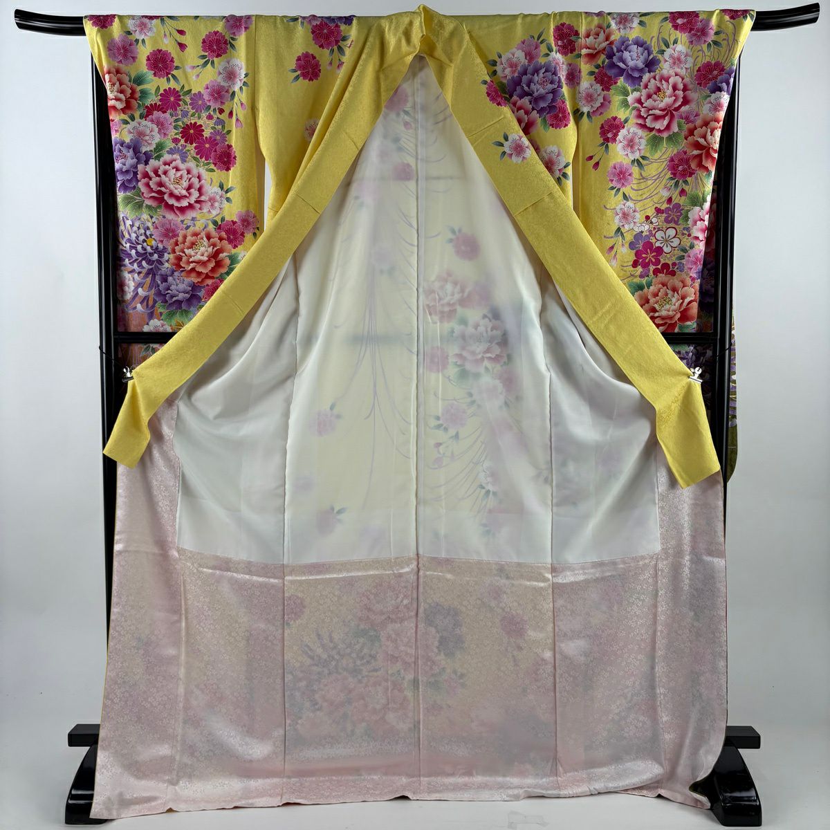 【美品】振袖禮服 身長175cm 袖長69cm L 雙層 牡丹 櫻花 銀通 金銀彩 黃色 純蠶絲 名品級