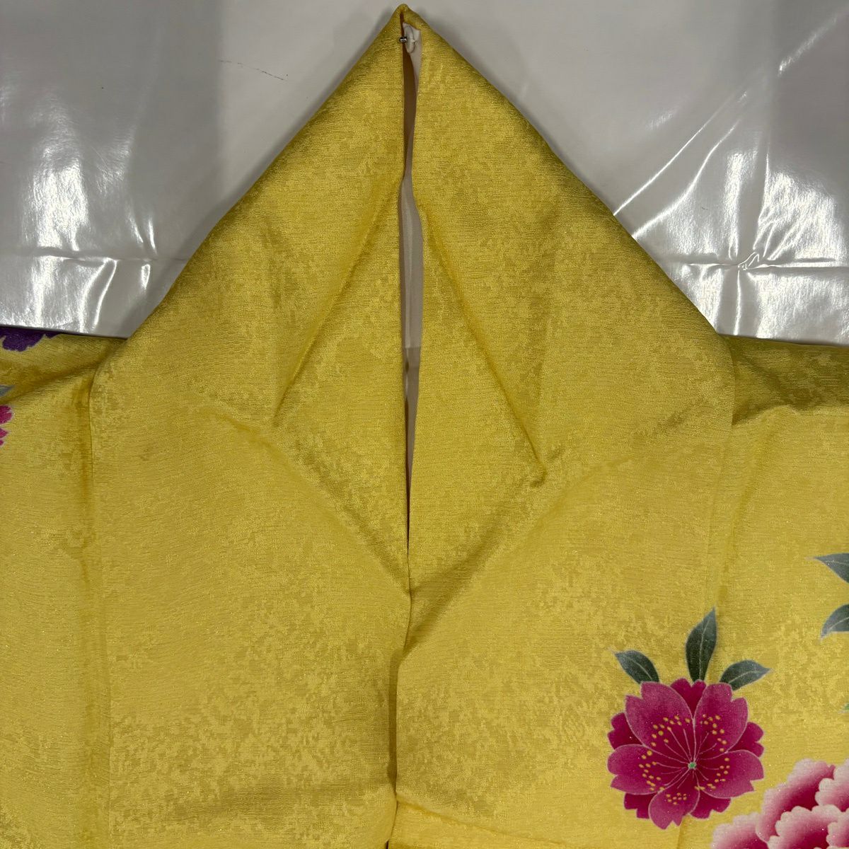 【美品】振袖禮服 身長175cm 袖長69cm L 雙層 牡丹 櫻花 銀通 金銀彩 黃色 純蠶絲 名品級