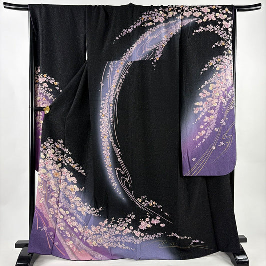 【美品】振袖禮服 身長166cm 袖長70cm L 雙層 菊花 櫻花 金銀彩 黑 純蠶絲 名品級