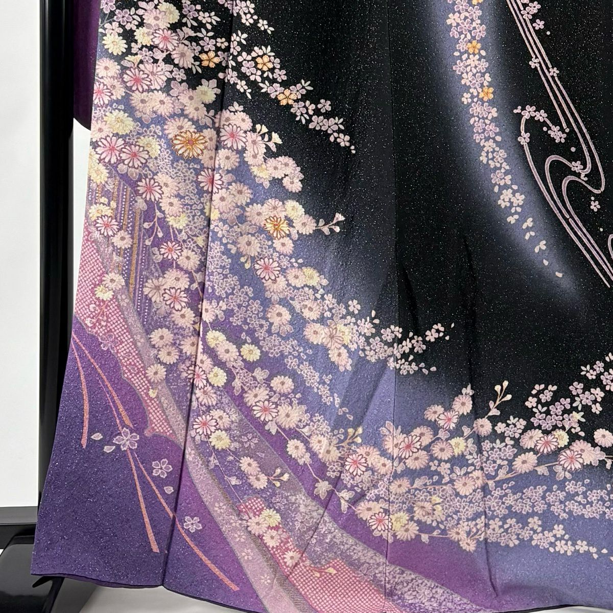 【美品】振袖禮服 身長166cm 袖長70cm L 雙層 菊花 櫻花 金銀彩 黑 純蠶絲 名品級