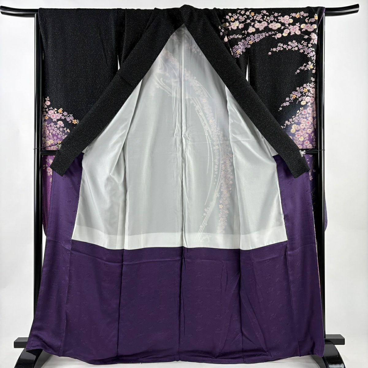 【美品】振袖禮服 身長166cm 袖長70cm L 雙層 菊花 櫻花 金銀彩 黑 純蠶絲 名品級