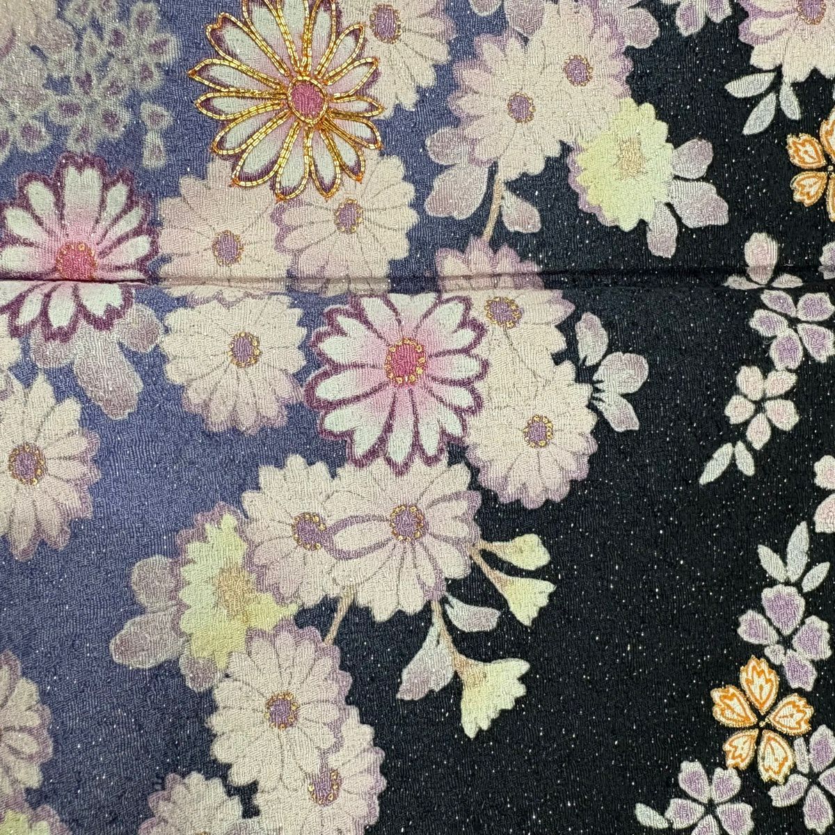 【美品】振袖禮服 身長166cm 袖長70cm L 雙層 菊花 櫻花 金銀彩 黑 純蠶絲 名品級