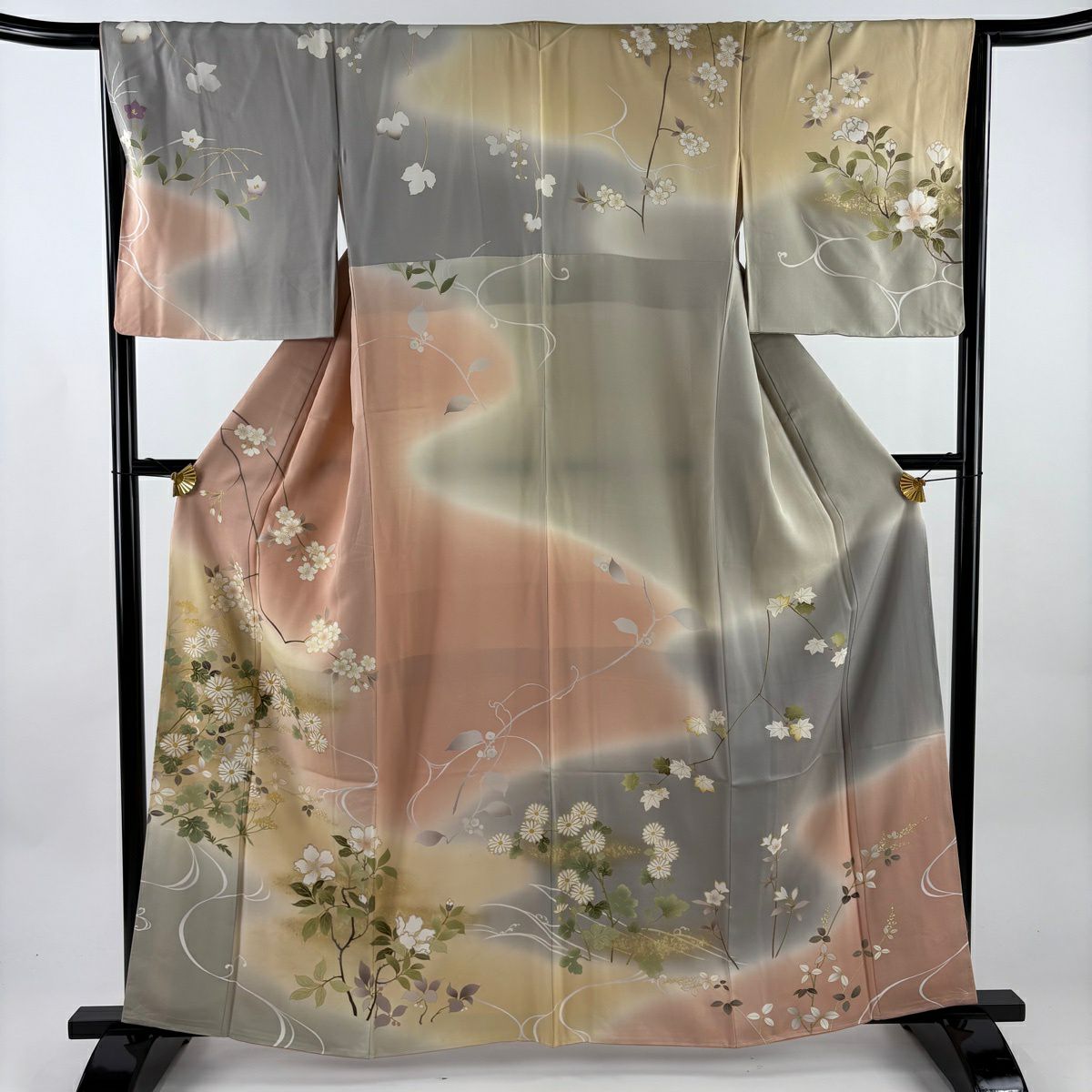訪問服 身長160cm 袖長65.5cm M 雙層 枝花 金絲 金銀彩 粉米色 純蠶絲 名品級