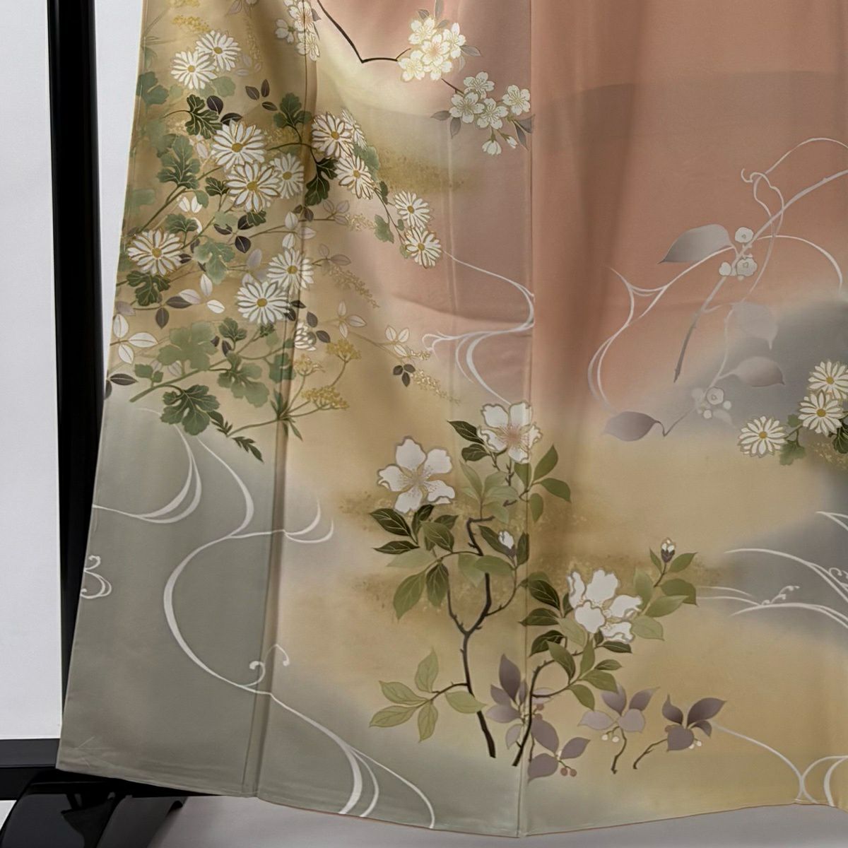 訪問服 身長160cm 袖長65.5cm M 雙層 枝花 金絲 金銀彩 粉米色 純蠶絲 名品級