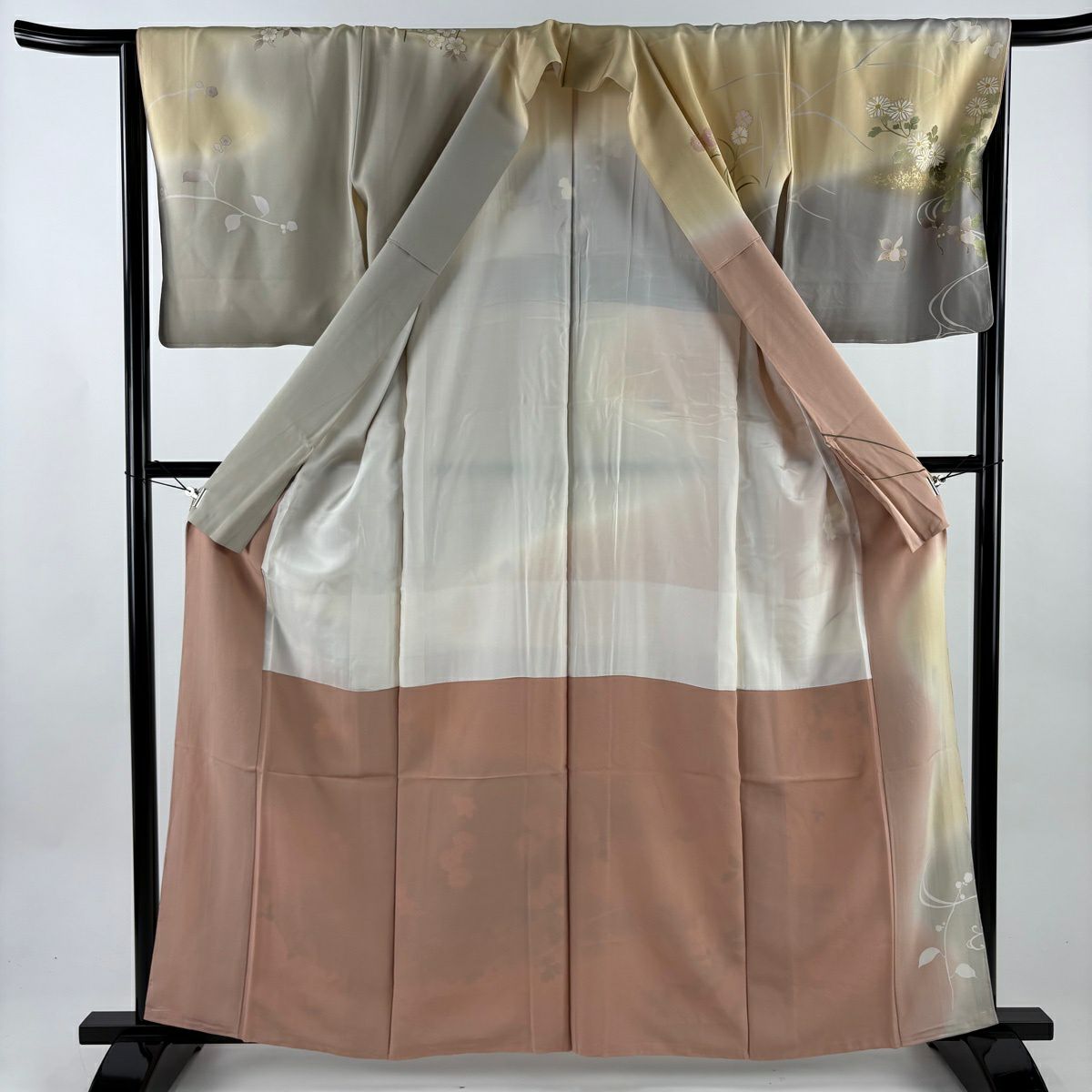 訪問服 身長160cm 袖長65.5cm M 雙層 枝花 金絲 金銀彩 粉米色 純蠶絲 名品級