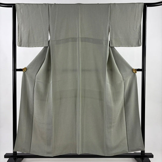 江戶小紋 身長153.5cm 袖長64.5cm M 雙層 本草木染 落款 鮫 縮緬 灰綠 純蠶絲 名品級