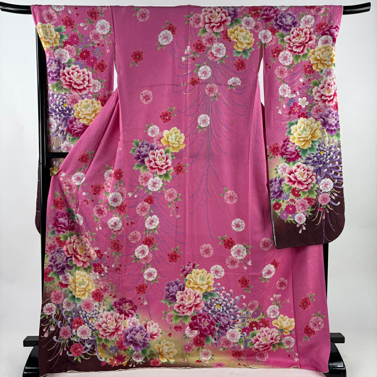 【美品】振袖禮服 身長173.5cm 袖長69cm L 雙層 牡丹 櫻花 銀通 金銀彩 粉紅 純蠶絲 名品級