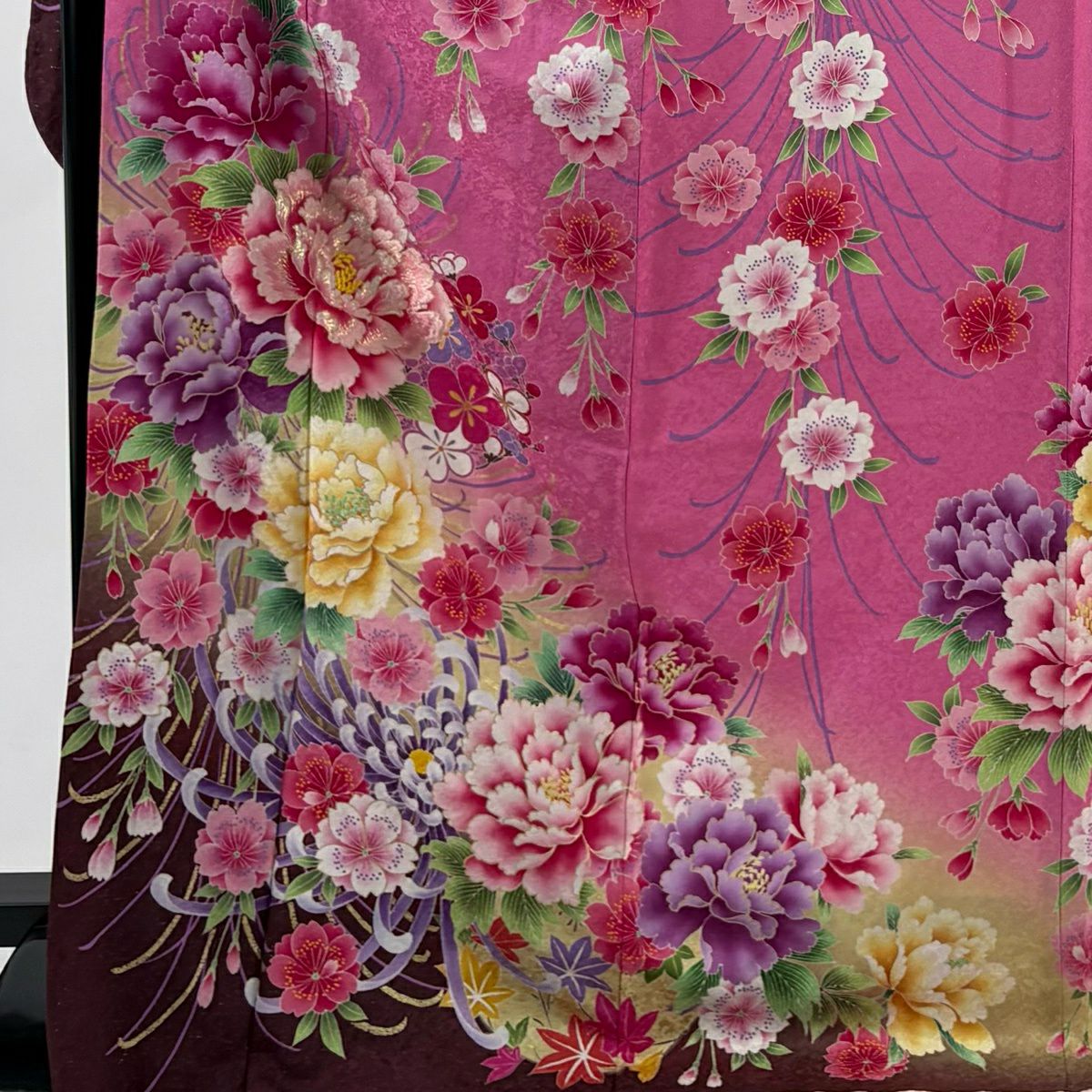 【美品】振袖禮服 身長173.5cm 袖長69cm L 雙層 牡丹 櫻花 銀通 金銀彩 粉紅 純蠶絲 名品級