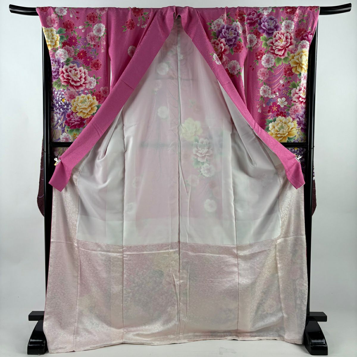【美品】振袖禮服 身長173.5cm 袖長69cm L 雙層 牡丹 櫻花 銀通 金銀彩 粉紅 純蠶絲 名品級