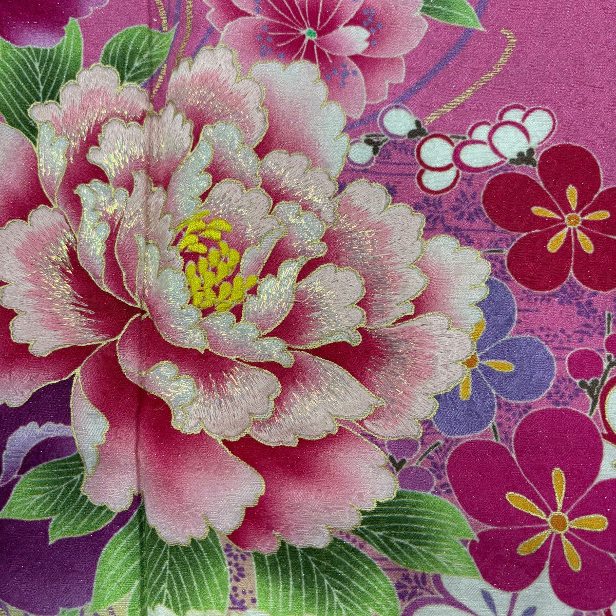 【美品】振袖禮服 身長173.5cm 袖長69cm L 雙層 牡丹 櫻花 銀通 金銀彩 粉紅 純蠶絲 名品級