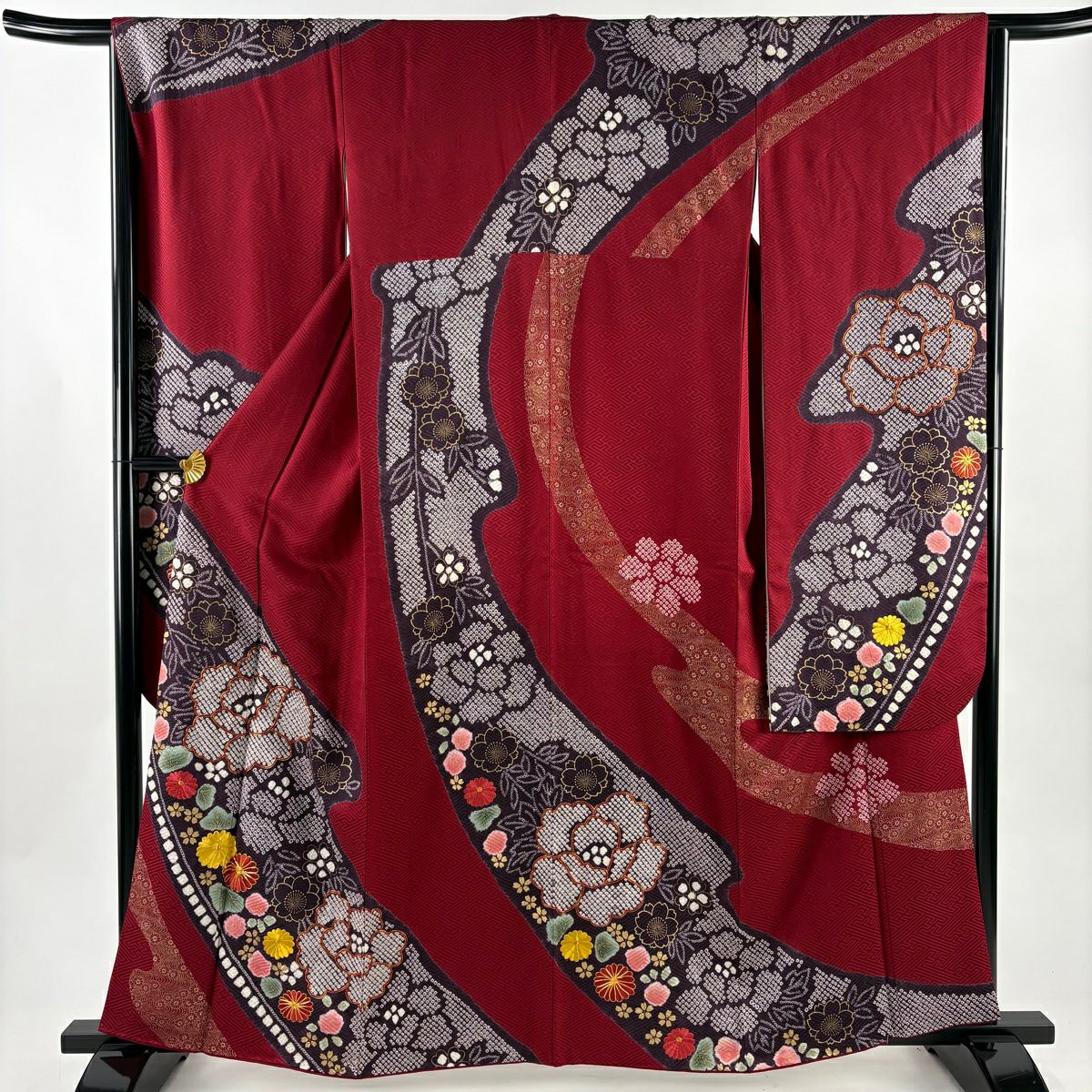 【美品】振袖禮服 身長160cm 袖長65.5cm M 雙層 牡丹 菊花 金糸 絞染 深紅 純蠶絲 名品級