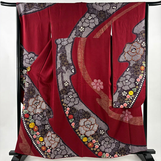 【美品】振袖禮服 身長160cm 袖長65.5cm M 雙層 牡丹 菊花 金糸 絞染 深紅 純蠶絲 名品級