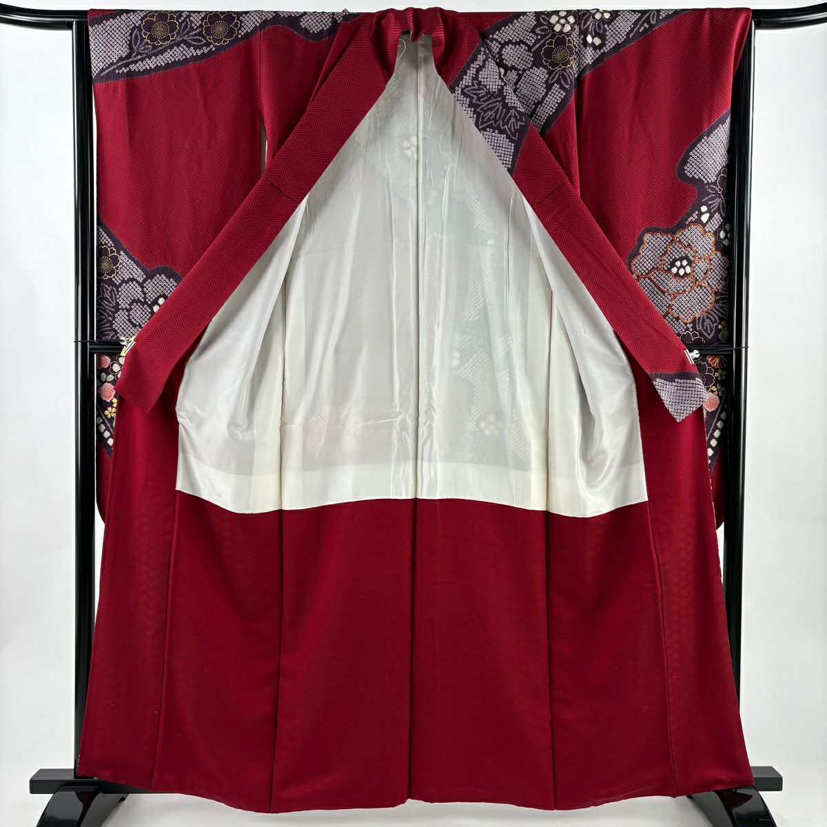 【美品】振袖禮服 身長160cm 袖長65.5cm M 雙層 牡丹 菊花 金糸 絞染 深紅 純蠶絲 名品級
