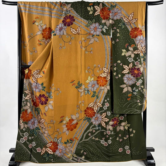 【美品】振袖禮服 身長165cm 袖長68cm L 雙層 牡丹 枝梅花 金絲 金銀彩 山吹茶 純蠶絲 名品級