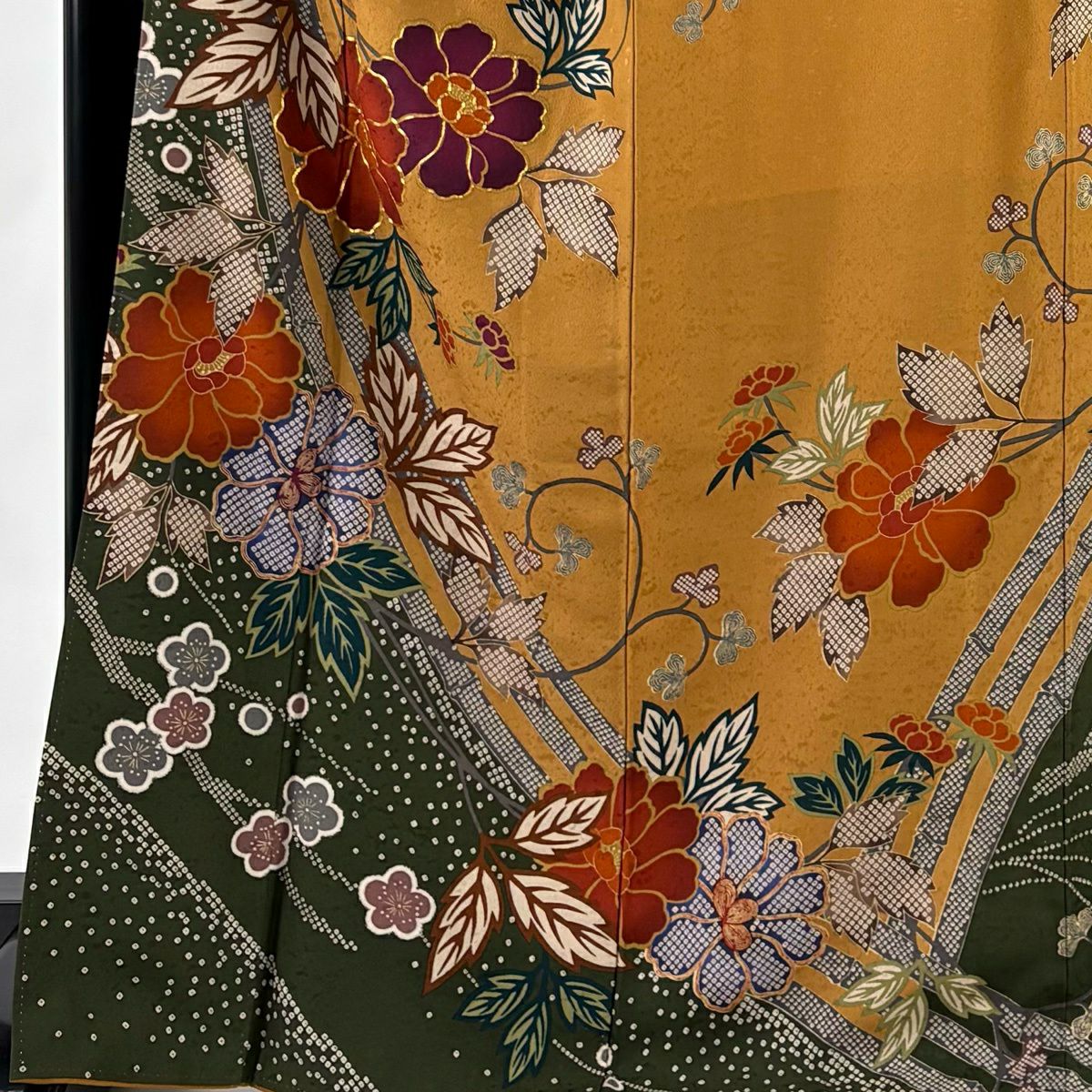 【美品】振袖禮服 身長165cm 袖長68cm L 雙層 牡丹 枝梅花 金絲 金銀彩 山吹茶 純蠶絲 名品級