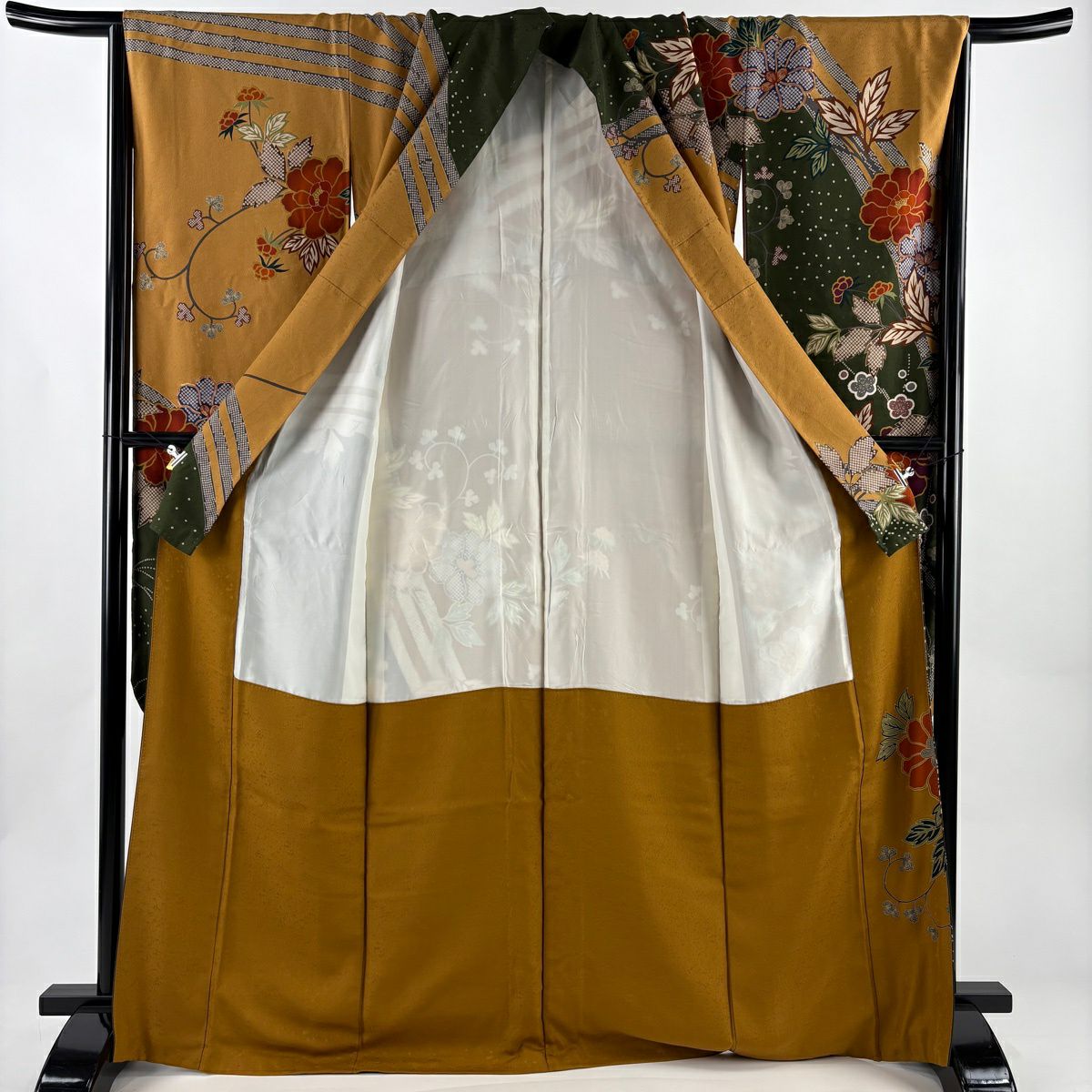 【美品】振袖禮服 身長165cm 袖長68cm L 雙層 牡丹 枝梅花 金絲 金銀彩 山吹茶 純蠶絲 名品級