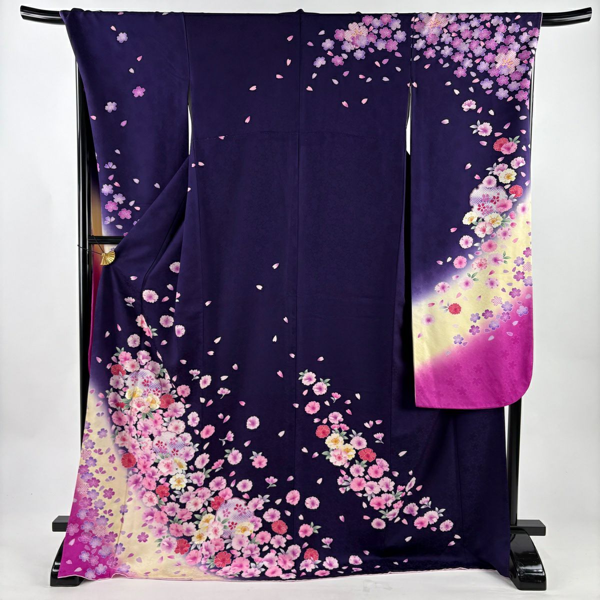 【美品】振袖禮服 身長172cm 袖長70cm L 雙層 雪輪 櫻花 刺繡 金銀彩 濃紫 純蠶絲 名品級
