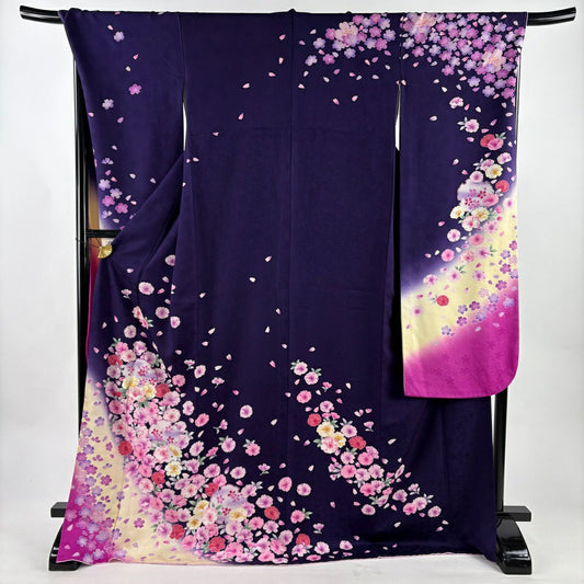 【美品】振袖禮服 身長172cm 袖長70cm L 雙層 雪輪 櫻花 刺繡 金銀彩 濃紫 純蠶絲 名品級