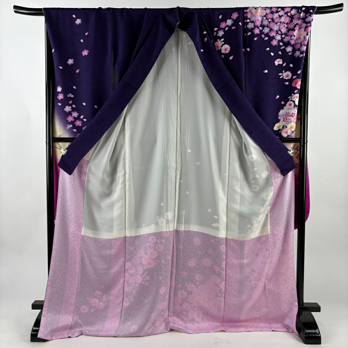 【美品】振袖禮服 身長172cm 袖長70cm L 雙層 雪輪 櫻花 刺繡 金銀彩 濃紫 純蠶絲 名品級