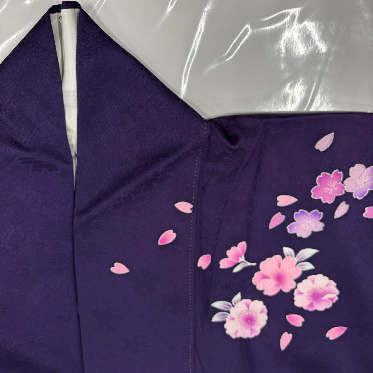 【美品】振袖禮服 身長172cm 袖長70cm L 雙層 雪輪 櫻花 刺繡 金銀彩 濃紫 純蠶絲 名品級