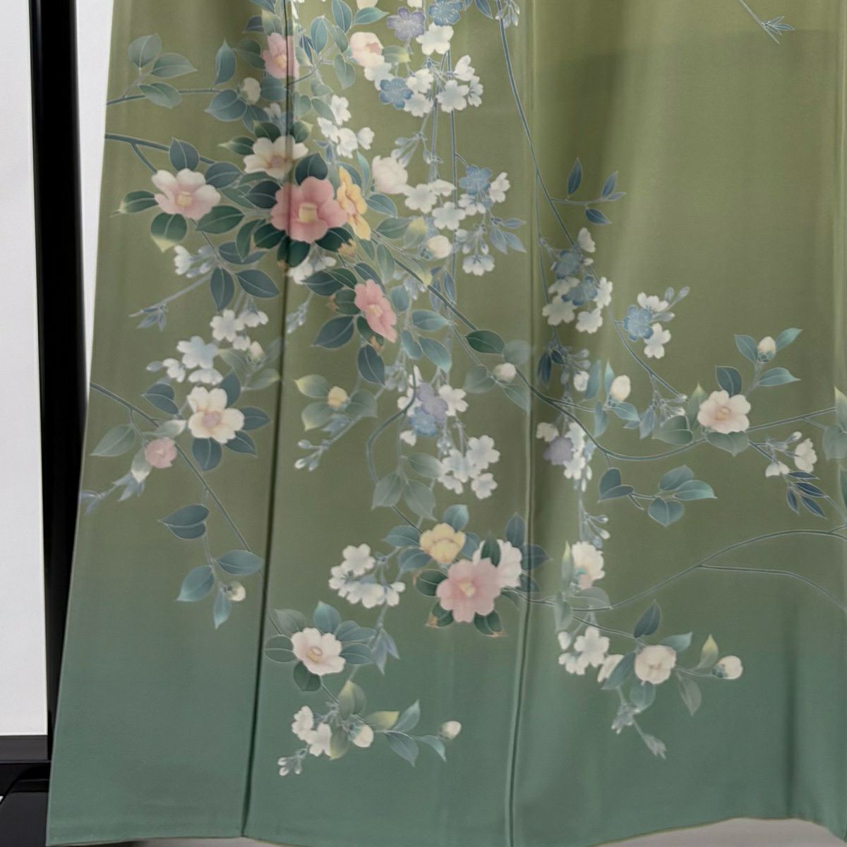 訪問服 身長162cm 袖長66cm M 雙層 落款あり 椿 枝垂櫻 漸層 薄綠 純蠶絲 名品級
