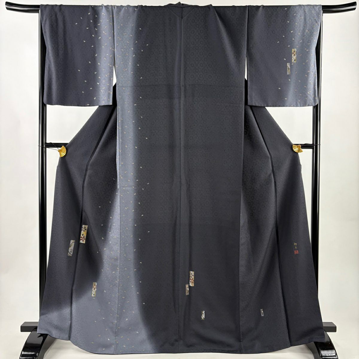 付下 身長168cm 袖長67.5cm L 雙層 落款あり 樱花花瓣 金絲 染分 墨色 純蠶絲 名品級