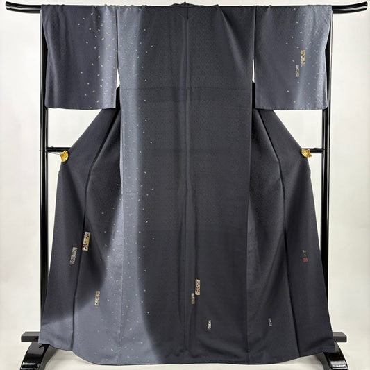 付下 身長168cm 袖長67.5cm L 雙層 落款あり 樱花花瓣 金絲 染分 墨色 純蠶絲 名品級
