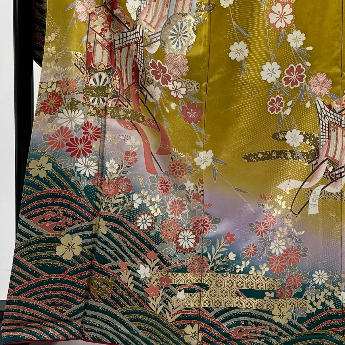 振袖禮服 身長165cm 袖長65.5cm M 雙層 枝垂櫻 御所車 金銀彩 染分 黃土 純蠶絲 名品級