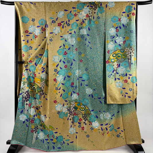 【美品】振袖禮服 身長165cm 袖長67cm M 雙層 扇子 草花紋紋 金彩裝飾 染分 薄黃土色 純蠶絲 名品級