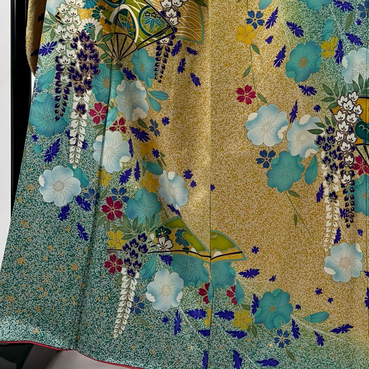 【美品】振袖禮服 身長165cm 袖長67cm M 雙層 扇子 草花紋紋 金彩裝飾 染分 薄黃土色 純蠶絲 名品級