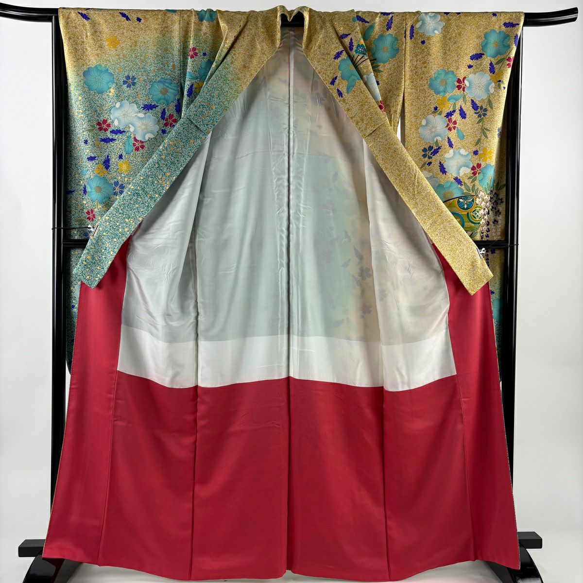 【美品】振袖禮服 身長165cm 袖長67cm M 雙層 扇子 草花紋紋 金彩裝飾 染分 薄黃土色 純蠶絲 名品級