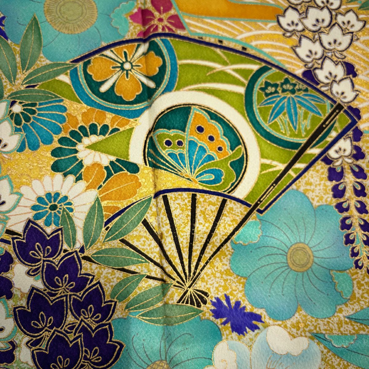 【美品】振袖禮服 身長165cm 袖長67cm M 雙層 扇子 草花紋紋 金彩裝飾 染分 薄黃土色 純蠶絲 名品級
