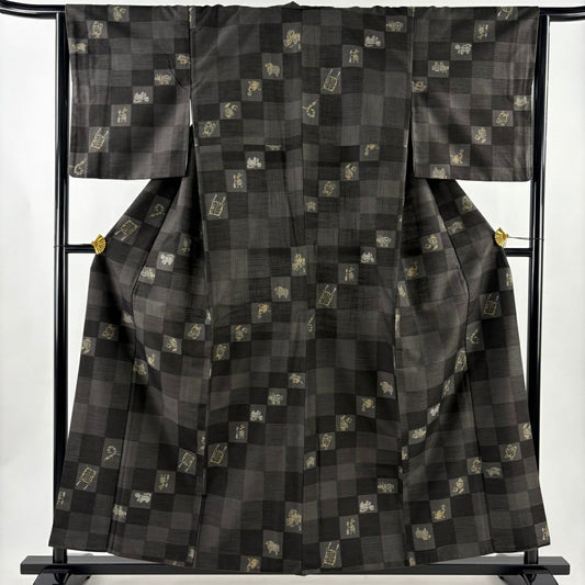 【美品】 紬織 身長158cm 袖長64cm M 雙層 市松樹 干支紋 黑灰 純蠶絲 名品級