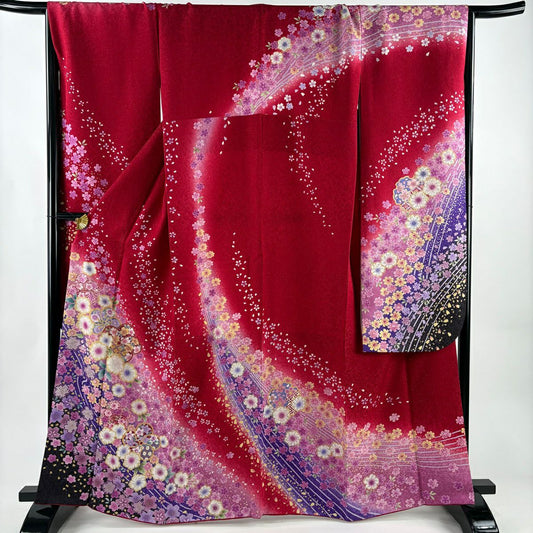 【美品】振袖禮服 身長164.5cm 袖長67.5cm L 雙層 辻花染 ねじ梅花 金通し 金銀彩 紅 純蠶絲 名品級