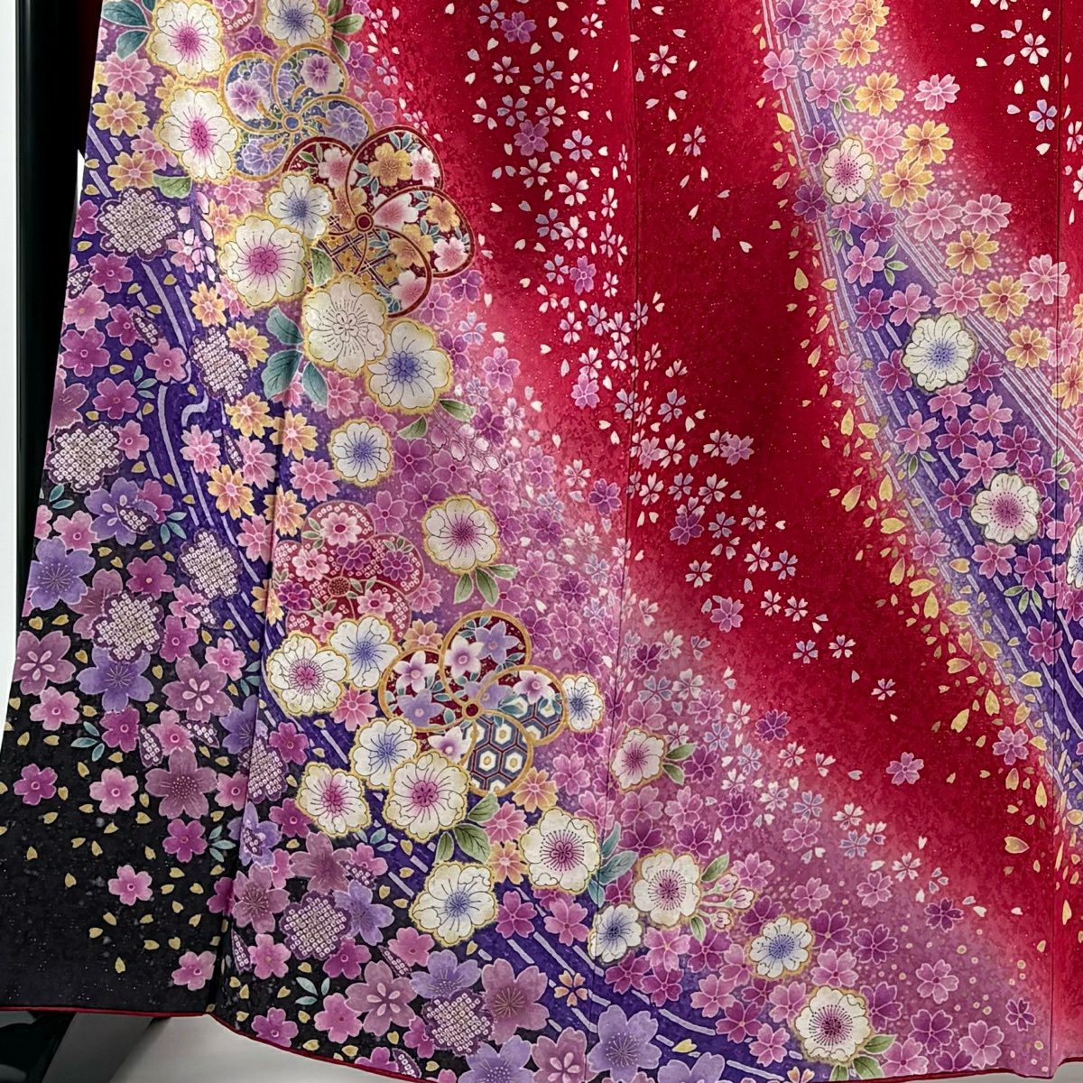 【美品】振袖禮服 身長164.5cm 袖長67.5cm L 雙層 辻花染 ねじ梅花 金通し 金銀彩 紅 純蠶絲 名品級