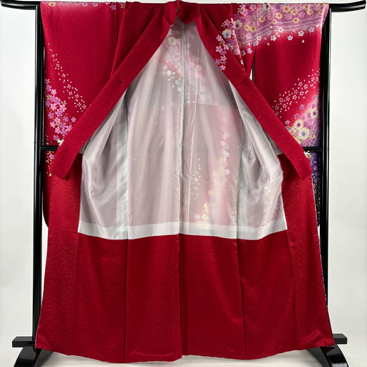 【美品】振袖禮服 身長164.5cm 袖長67.5cm L 雙層 辻花染 ねじ梅花 金通し 金銀彩 紅 純蠶絲 名品級