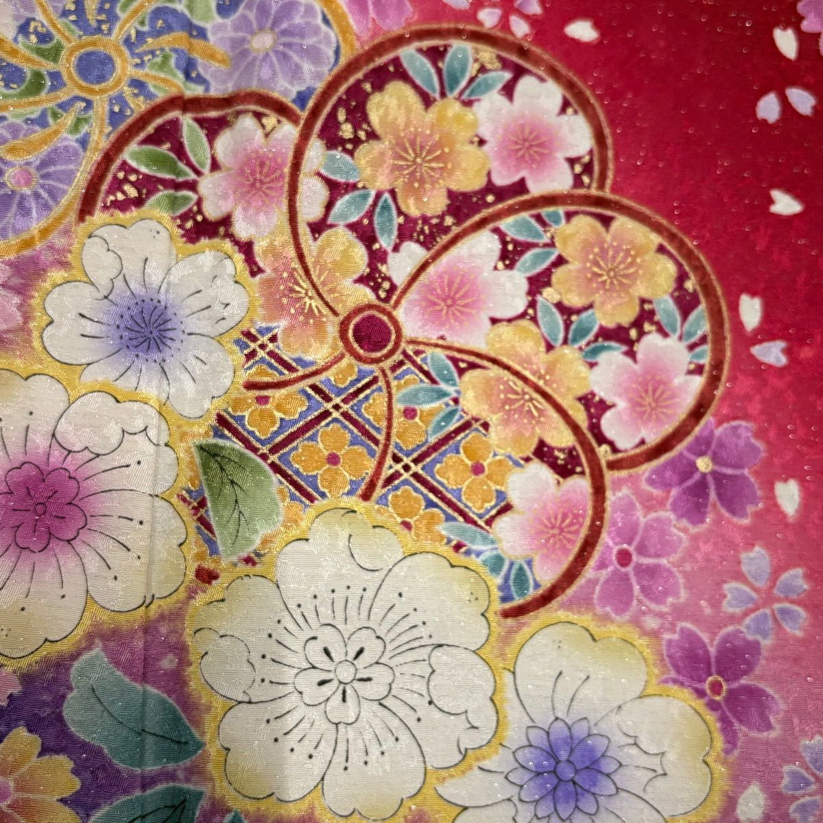 【美品】振袖禮服 身長164.5cm 袖長67.5cm L 雙層 辻花染 ねじ梅花 金通し 金銀彩 紅 純蠶絲 名品級