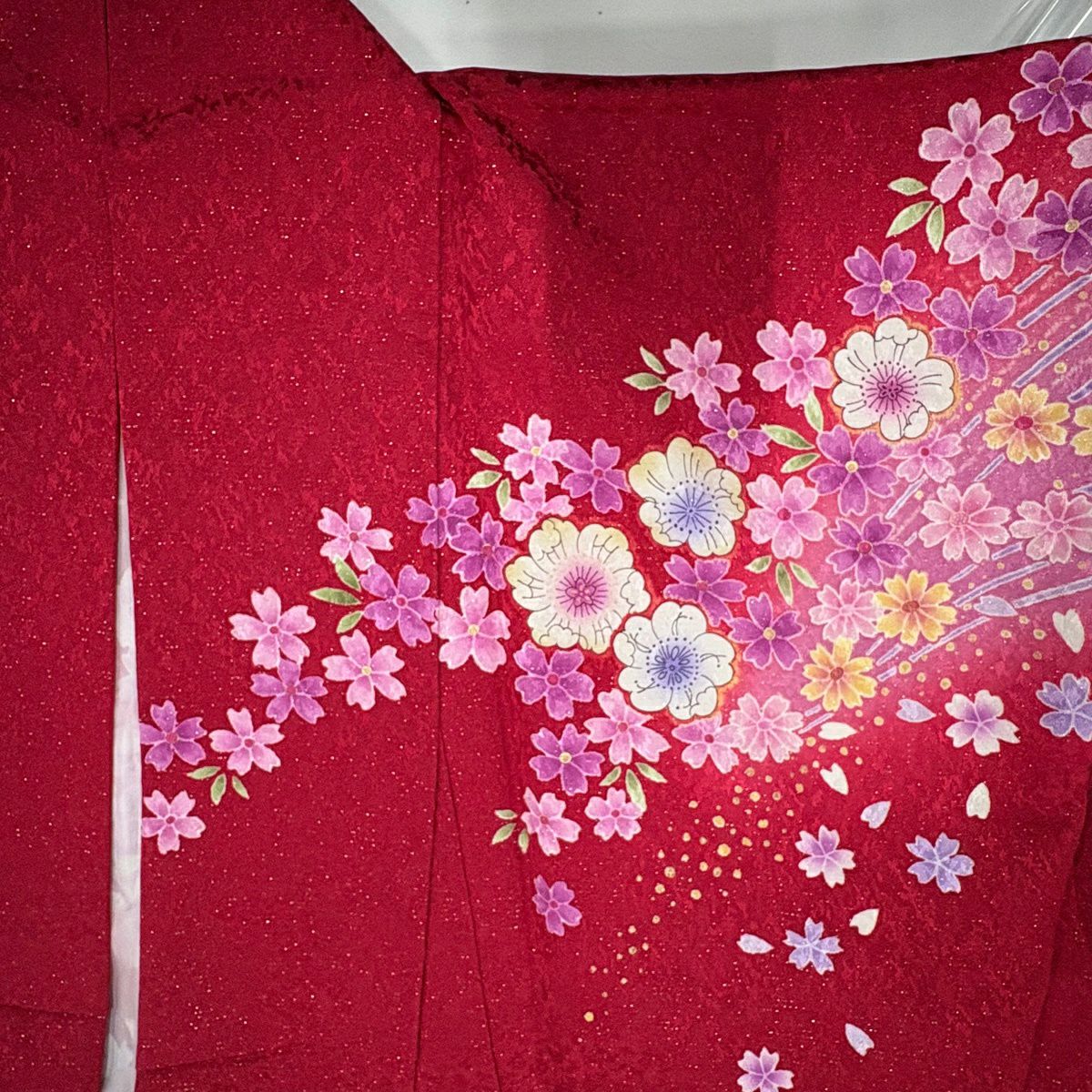 【美品】振袖禮服 身長164.5cm 袖長67.5cm L 雙層 辻花染 ねじ梅花 金通し 金銀彩 紅 純蠶絲 名品級