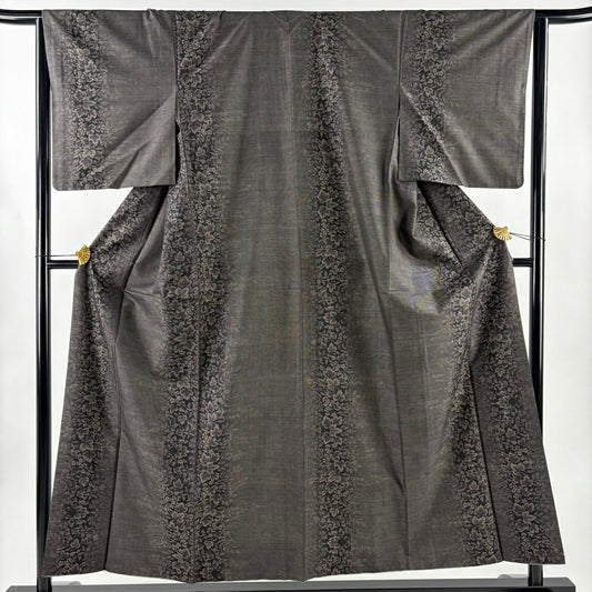 【美品】 大島織 身長156cm 袖長64cm M 雙層 純泥染 證書齊全 葉花紋 焦茶 正蠶絲 名品級