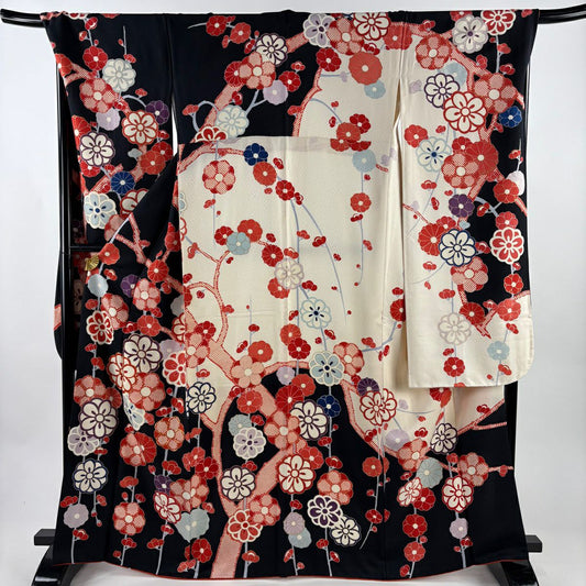 振袖禮服 身長165cm 袖長71cm L 雙層 枝梅花 金絲 金銀彩 黑 純蠶絲 名品級