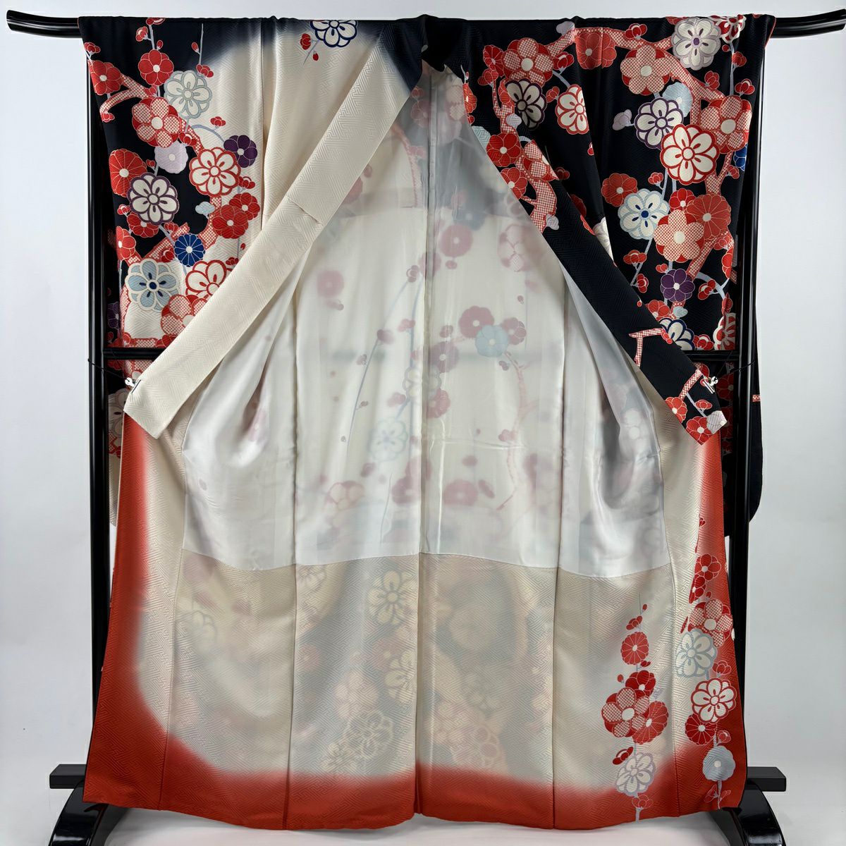 振袖禮服 身長165cm 袖長71cm L 雙層 枝梅花 金絲 金銀彩 黑 純蠶絲 名品級