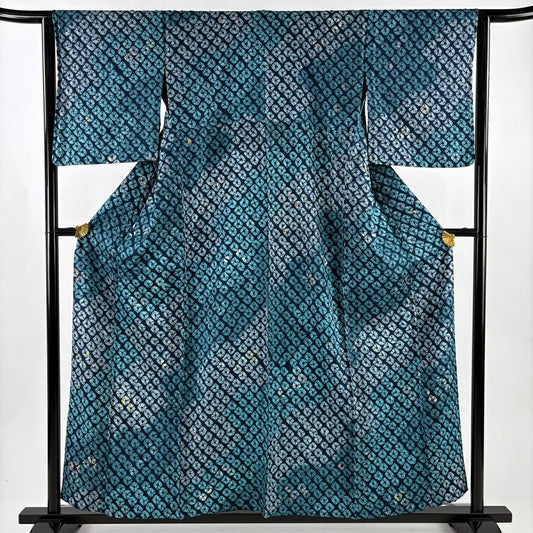小紋 身長155cm 袖長64cm M 單層 絞染 漸層 青綠 純蠶絲 名品級