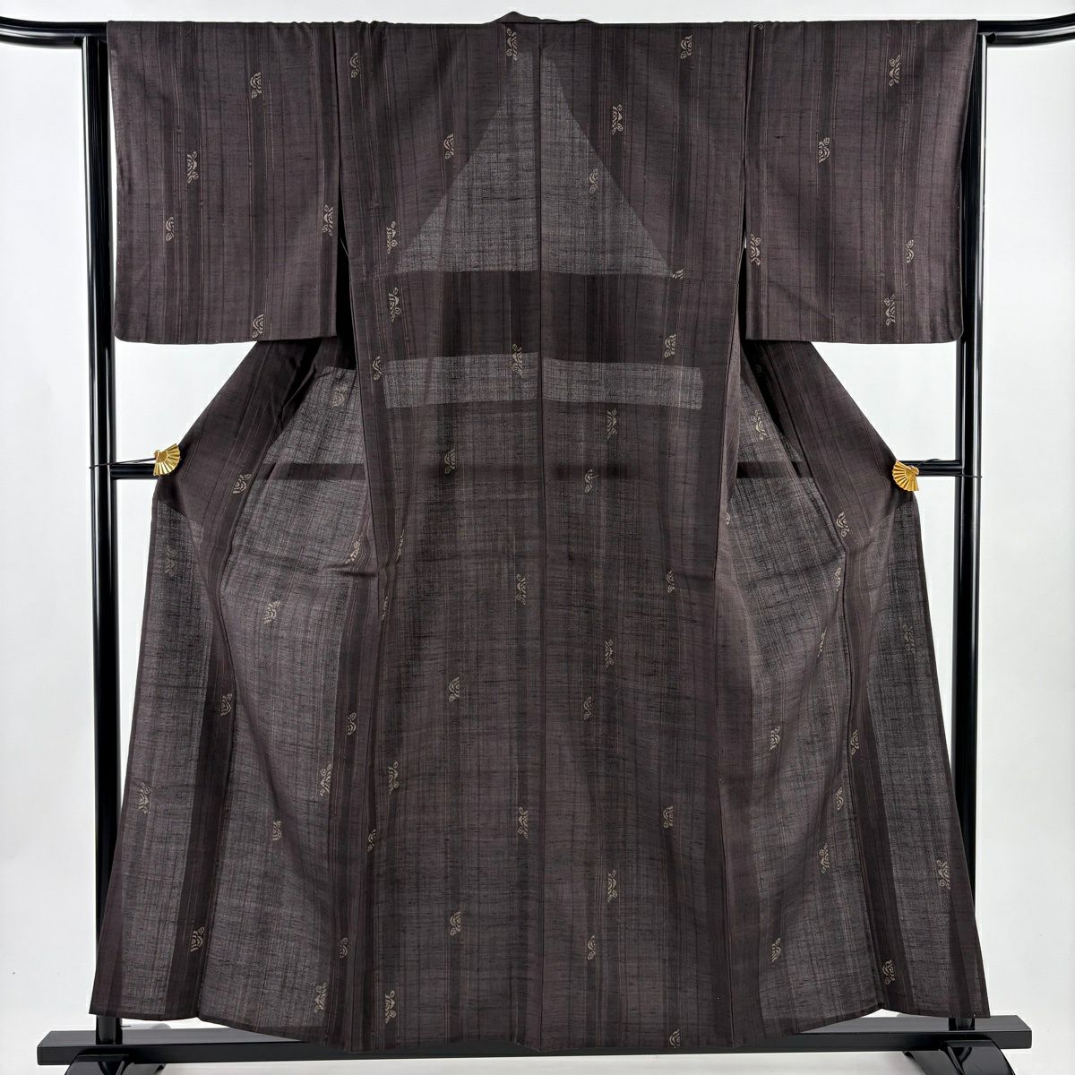 【美品】 紬織 身長156cm 袖長64.5cm M 單層 草花紋紋 條紋 茶紫 純蠶絲 名品級