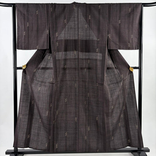 【美品】 紬織 身長156cm 袖長64.5cm M 單層 草花紋紋 條紋 茶紫 純蠶絲 名品級