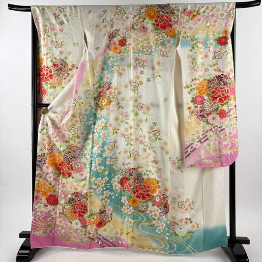 振袖禮服 身長162.5cm 袖長67.5cm L 雙層 雪輪 牡丹 刺繡 金銀彩 奶油色 純蠶絲 名品級
